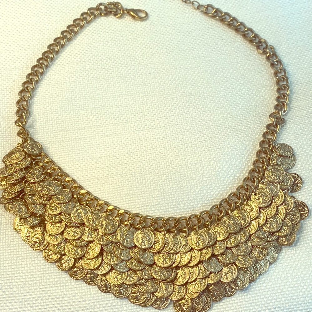 Layered , French Coin Pendant Bib Necklace.